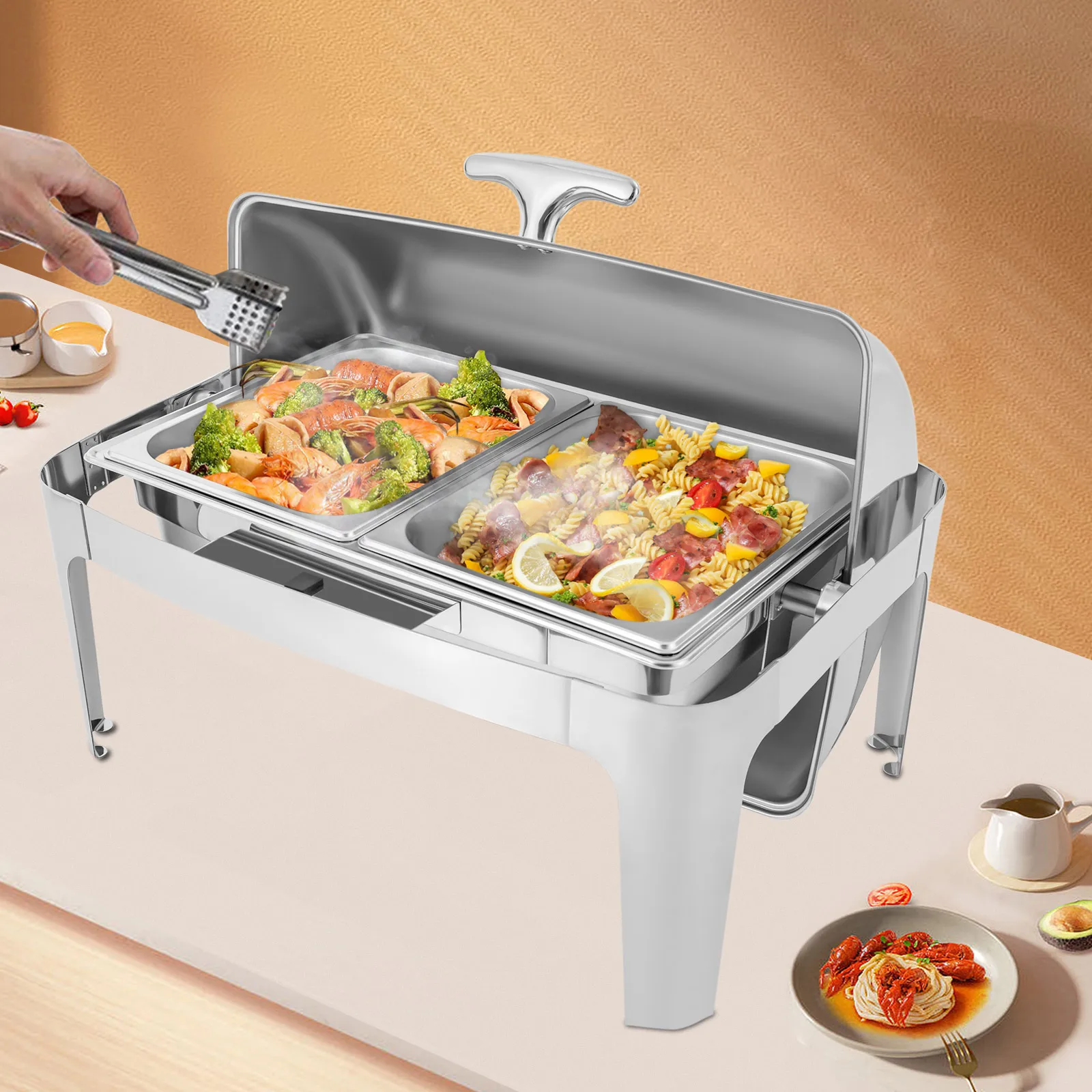 Catering Buffet Chafing Dish Set, Stainless Steel Double Grid Roll‑Top Food Warmer for Banquet Event ﻿