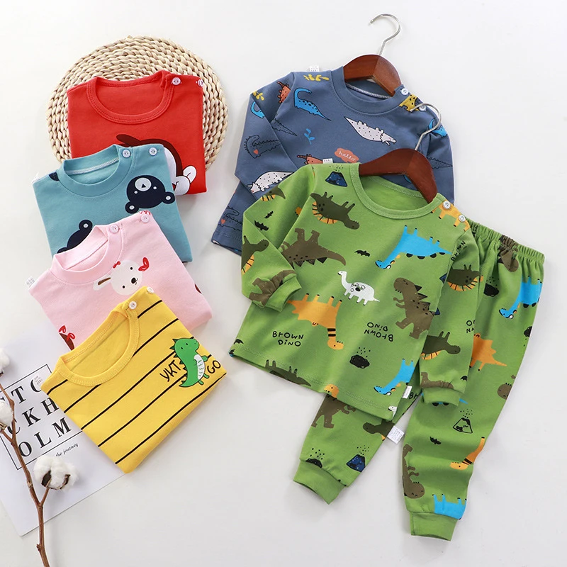 Autumn Kids Long Sleeved Suit Children Clothes Cotton Underwear Cute Cartoon Dinosaur Baby Pajamas Girls Boys Tops+Pants Outfits