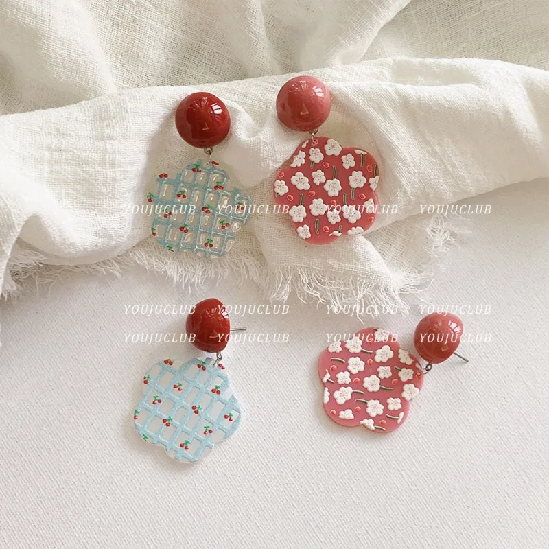 Clip Earrings Retro Floral Color Block Adorable Chic Lightweight Acrylic Hypoallergenic Daily Jewelry Women