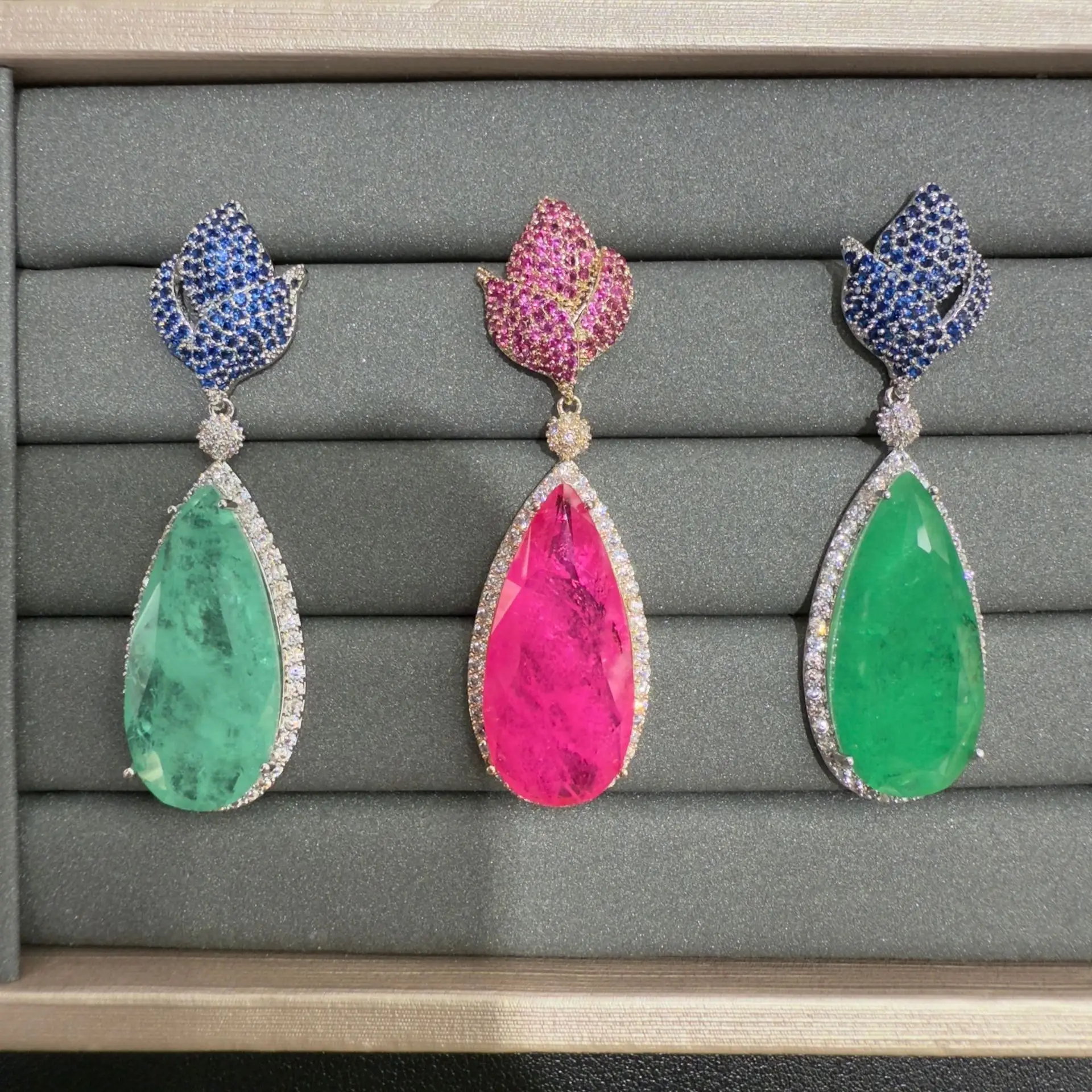 fushia pink zirconia earrings flower and water drop pendant luxury jewelry dinner party shiny green teardrop dangling earrings