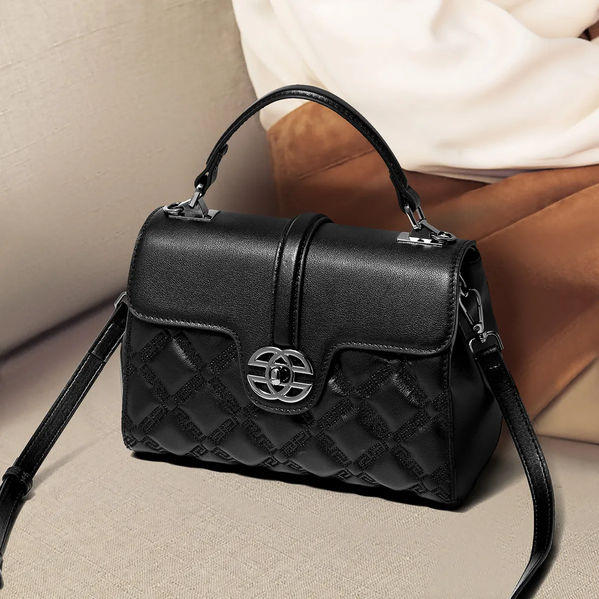 FOXER New Women's Shoulder Bag Genuine Leather Quilted Diamond Flap Bag Female Cowhide Crossbody Bag Lady Simple Mini Tote Purse