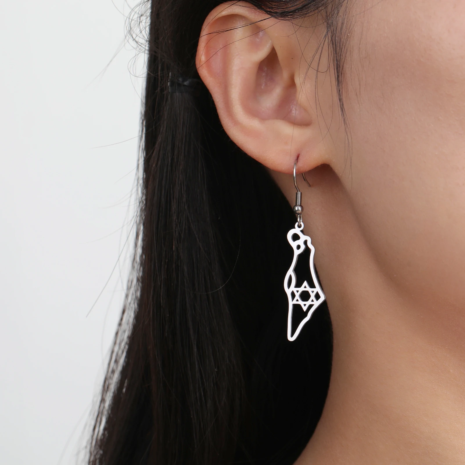 Sipuris Israel Map Earrings For Women Men Stainless Steel Hexagram Mountain Range Map Country Geometry Pendant Jewelry Gifts