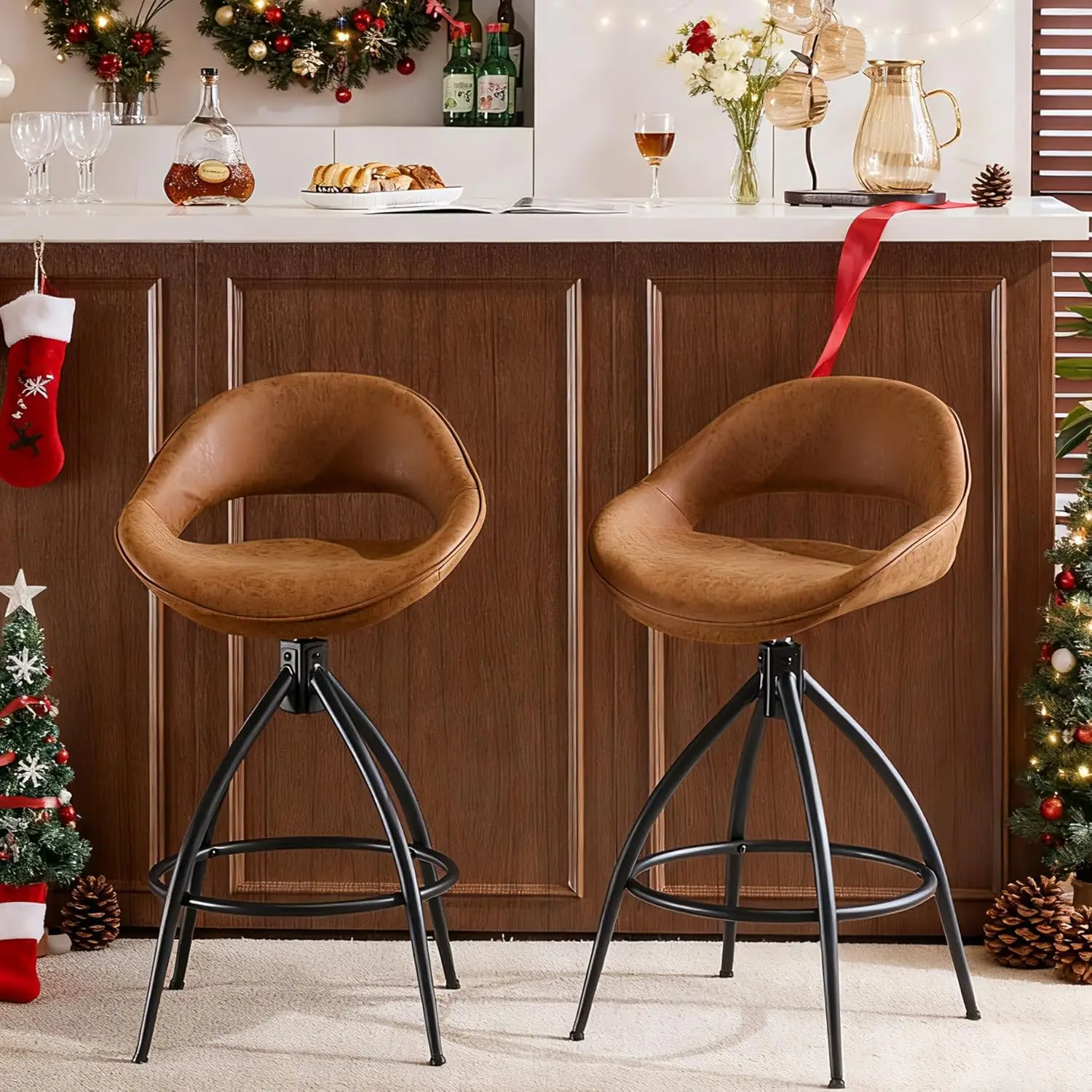 

Modern Swivel Bar Stools Set of 2, PU Leather Upholstered with Adjustable Feet and Backrest, Brown