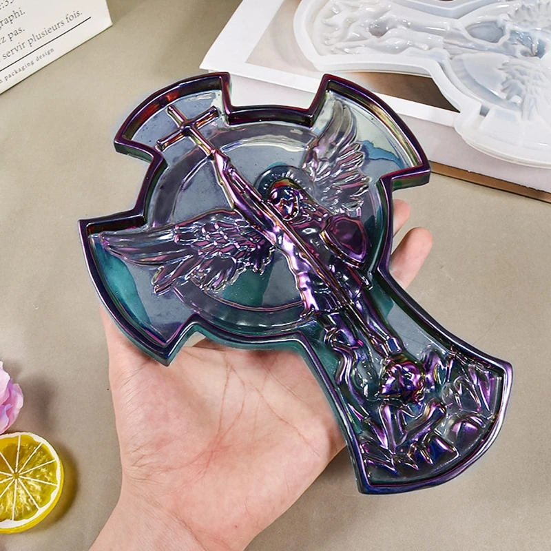 3D Archangel St. Michael Resin Mold Silicone Cross-Tray Jewelry Storage Dish Plaster Ornaments New