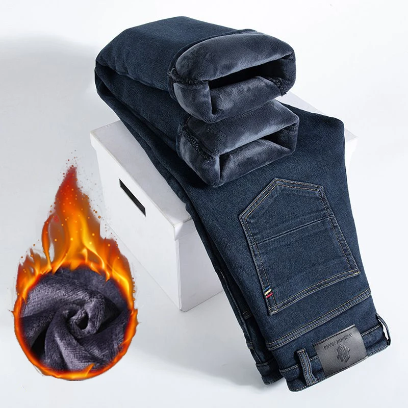 

Men New Autumn Winter Fleece Lined Thickened Jeans Male Fashion Loose Straight Slim Fit Denim Pants Warm Smart Casual Trousers
