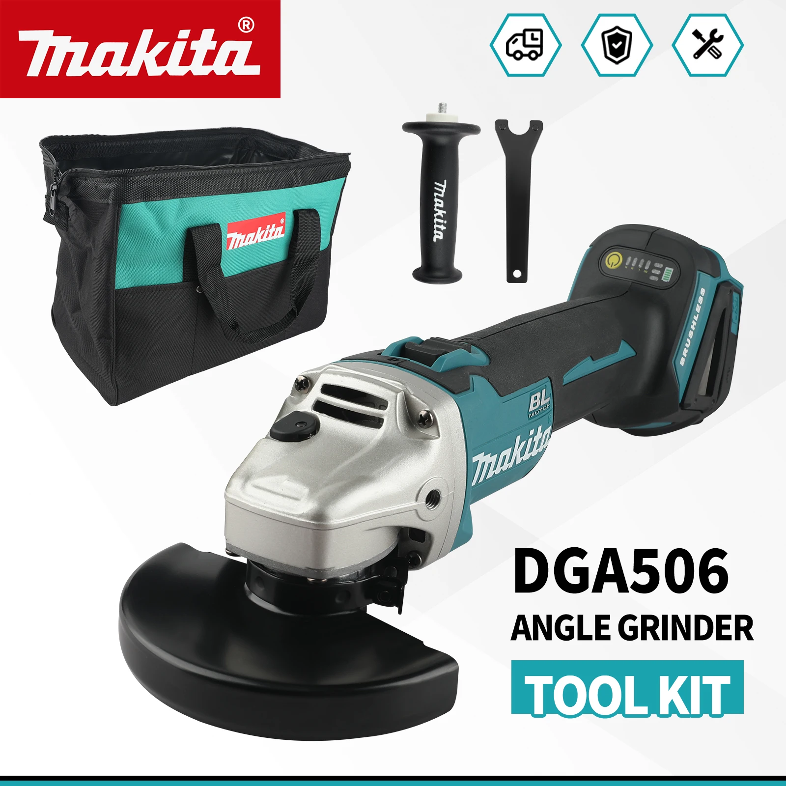 DGA506 18V brushless lithium angle grinder cutting and polishing electric tool, auxiliary handle, wrench and storage tool kit