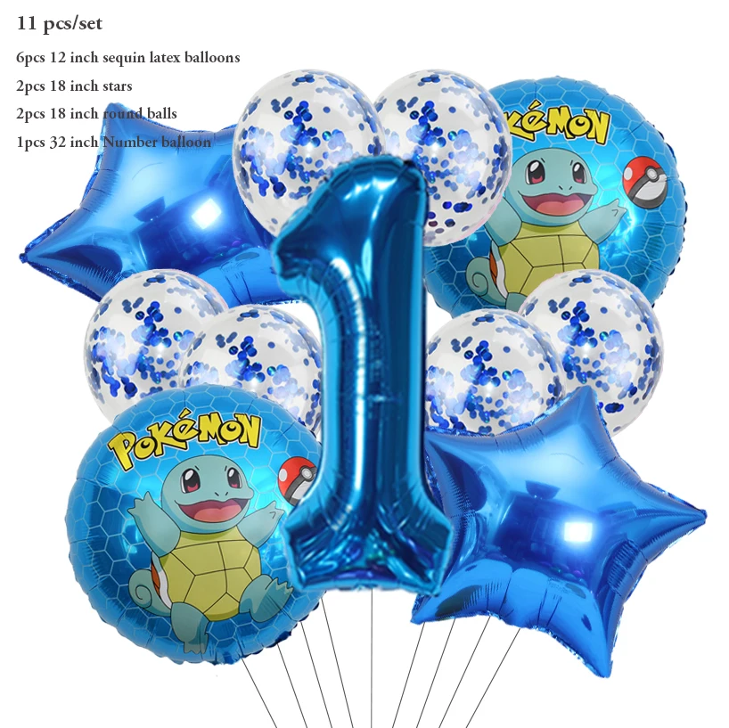 11pcs Pokemon Pikachu Balloon Set Children's Party Decoration Squirtle Zenigame Birthday Foil Balloon Gift Doll Toy
