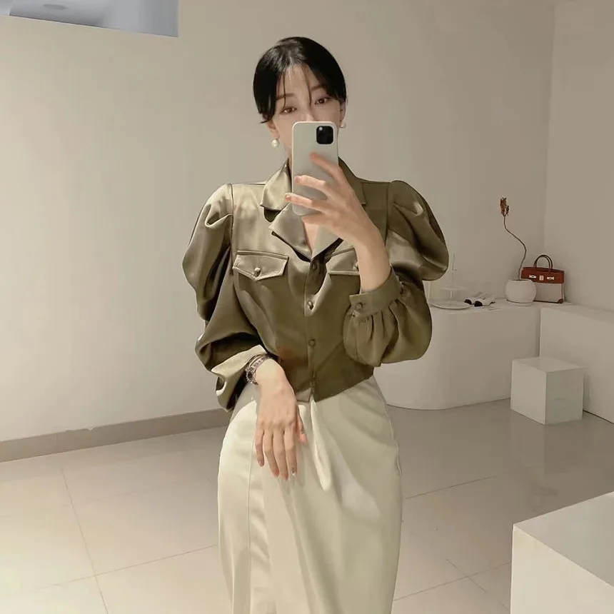 

Spring 2026 Chic Korean Style Women's Shirt Bubble Sleeve Loose Short Length Slimming Suit Collar Fashionable Casual Top