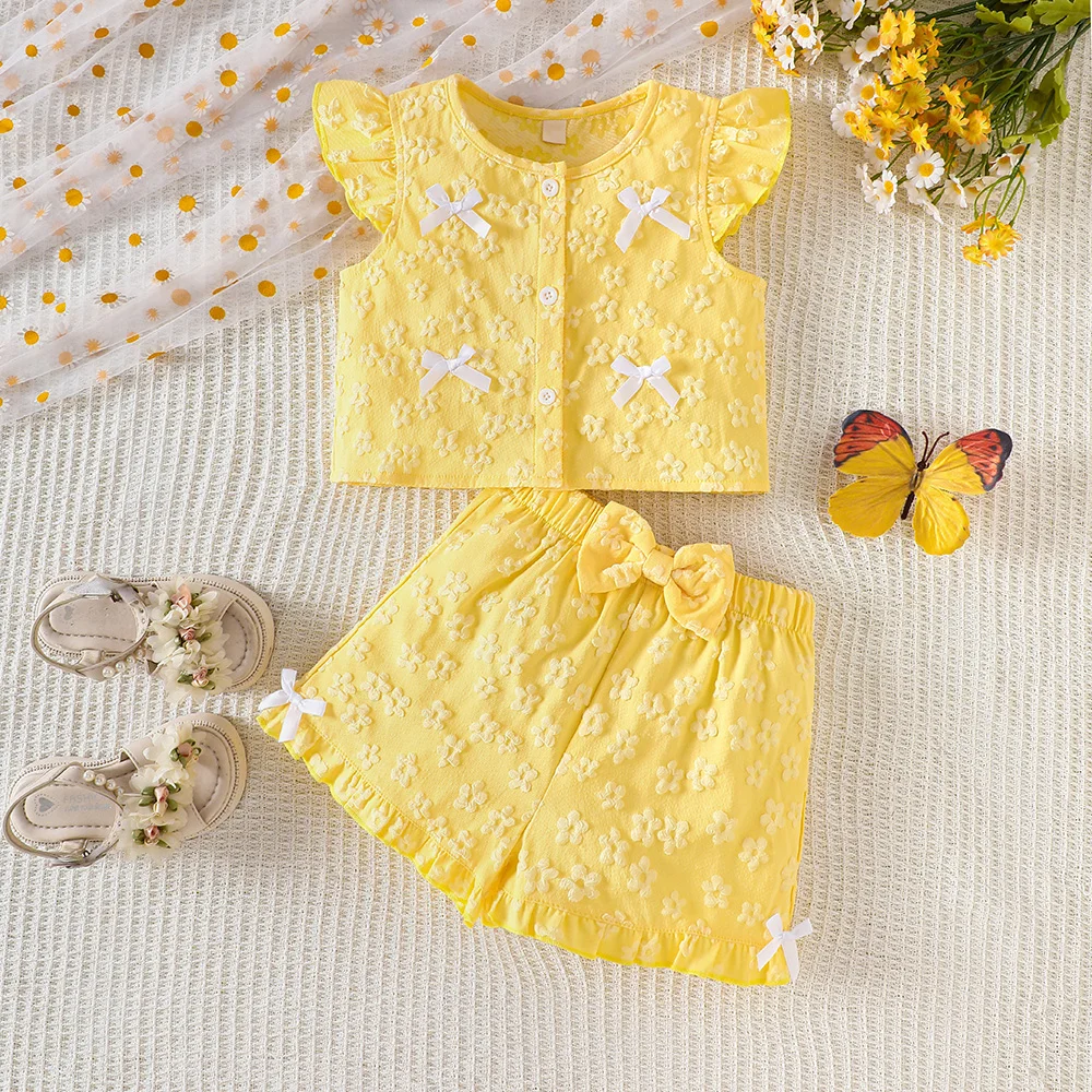 Girls' summer style small flying sleeve single-breasted jacquard top + bowknot shorts two-piece casual sweet set