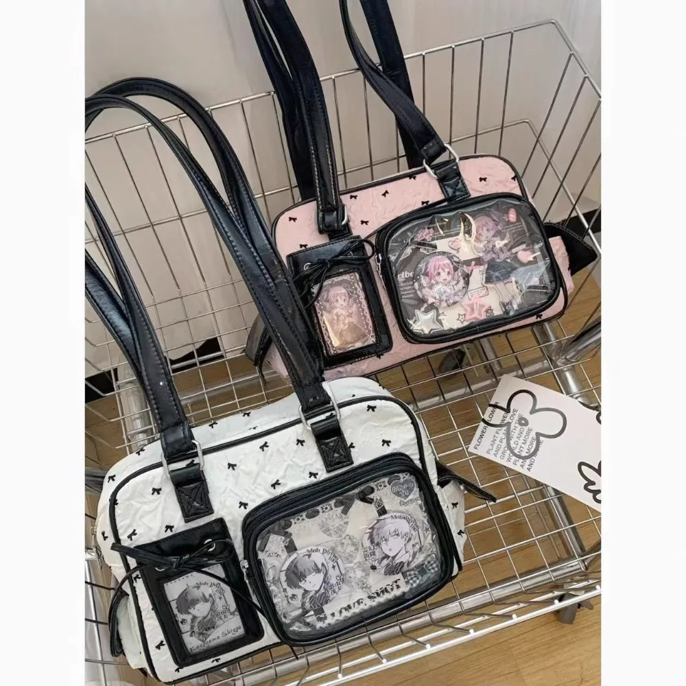 

Bow Print Shoulder Bags for Woman Lace Up Bag Transparent Pockets Bolso Original Bolsos De Mujer Cute All Match Sac Femme