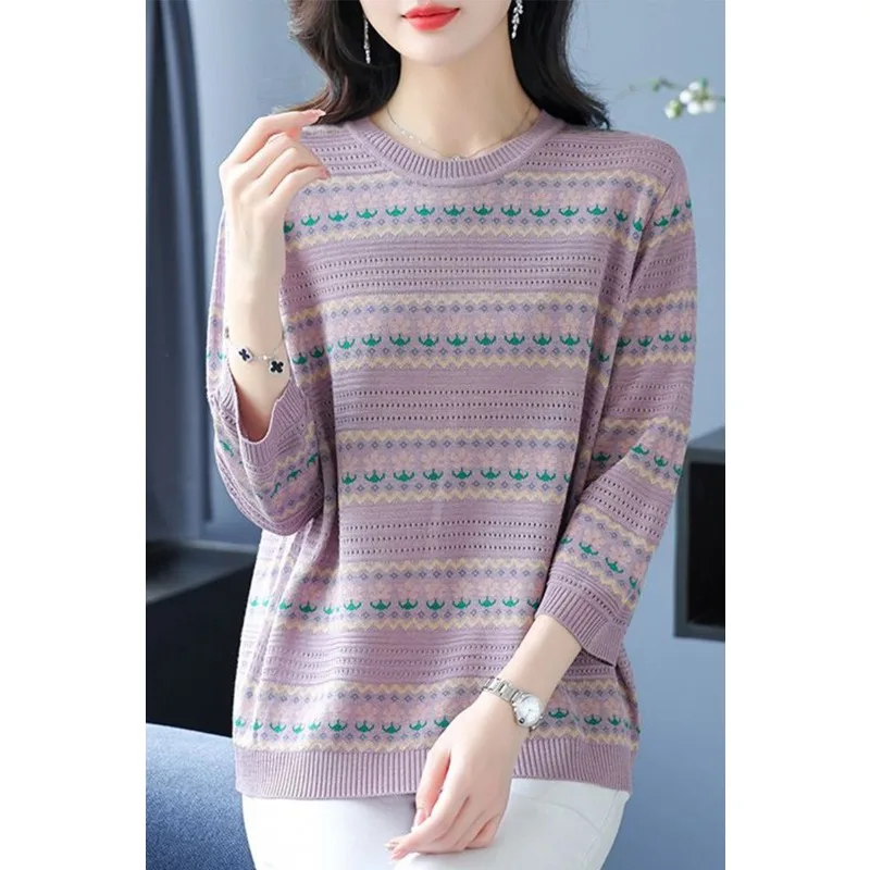 

Western-style Hollow Thin Knitted New Three-quarter Sleeve Bottoming Striped Fashionable Women's T-shirt Top