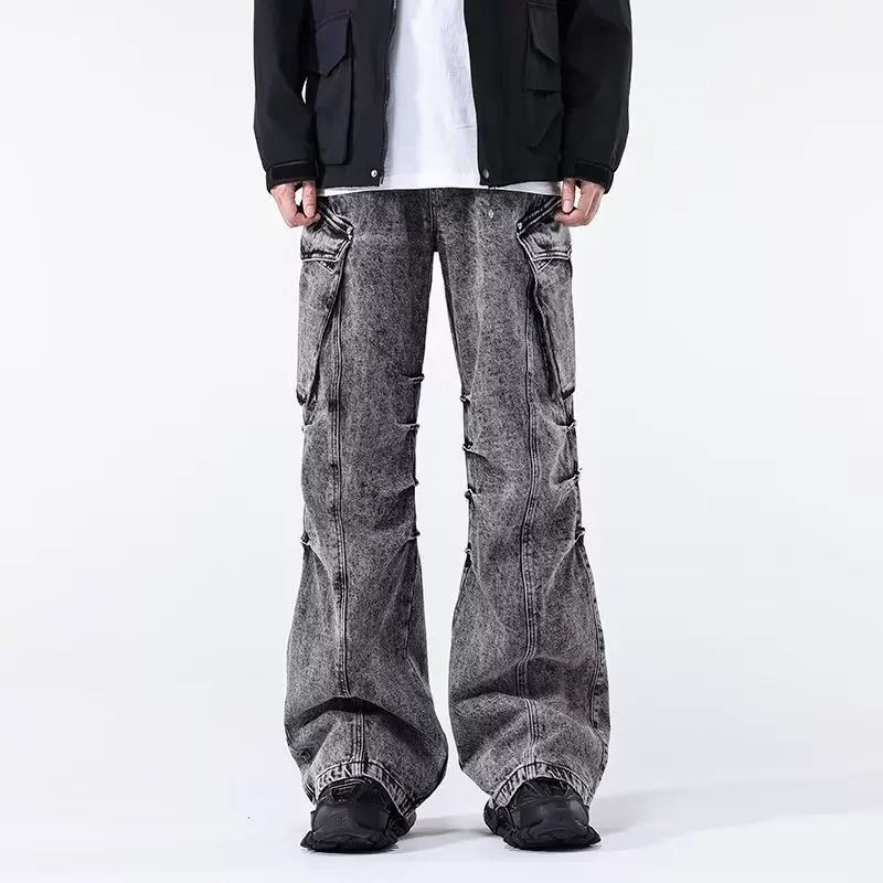 2024 Ropa Aesthetic Y2K Fashion Vintage Grey Baggy Cargo Jeans Pants For Men Clothes Pleated Streetwear Straight Long Trousers