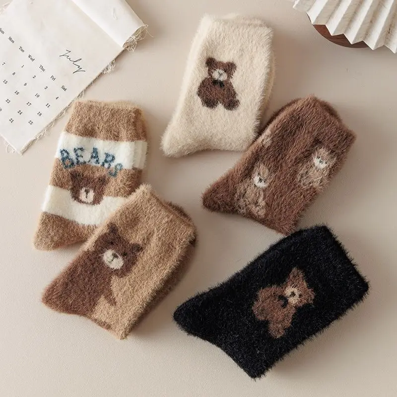 

5 Pairs Ladies' Socks Set Teddy Bear Kawaii Cute Sweet Versatile Mid Tube Socks Winter Warm Thick Mink Fur Floor Socks For Girl