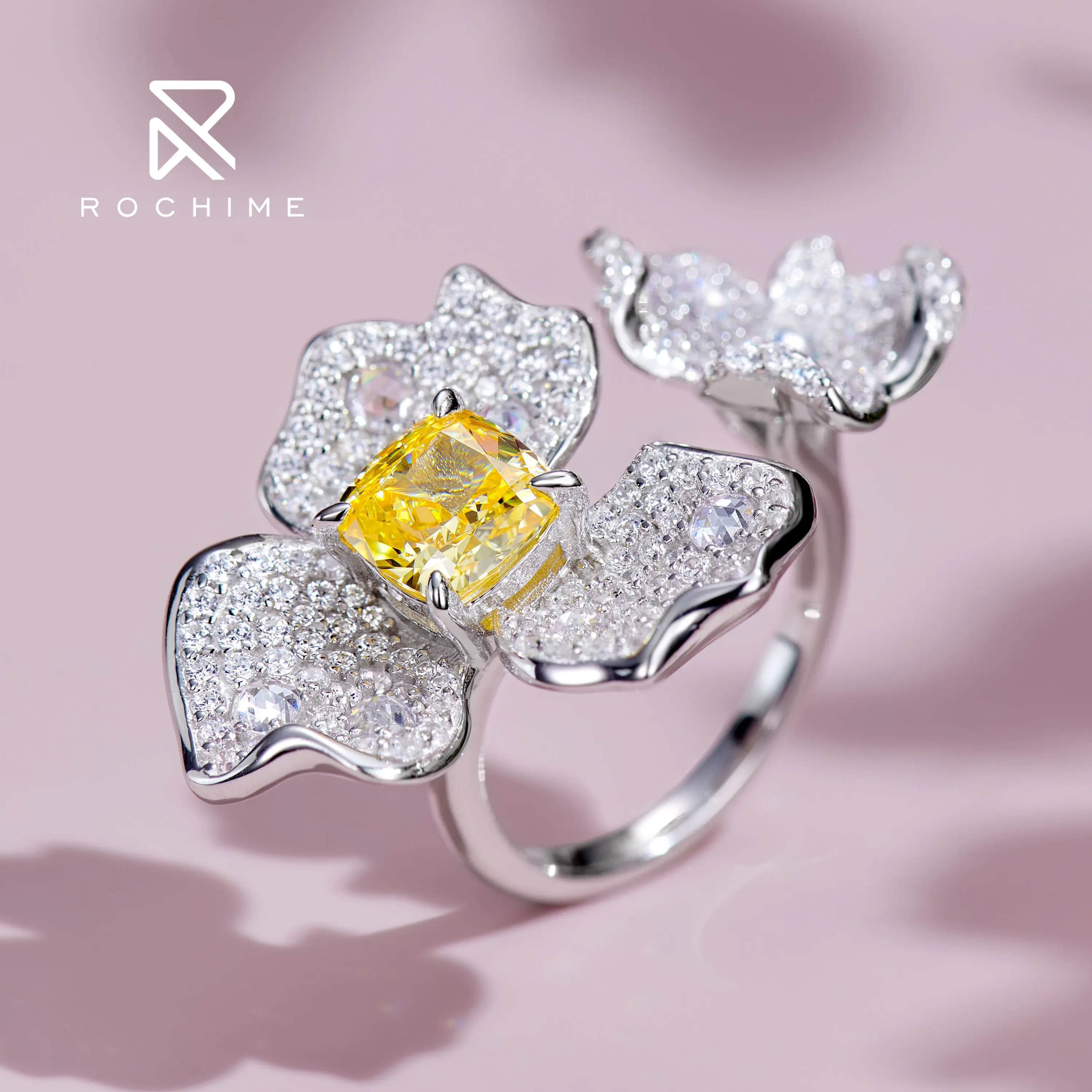 Rochime-Anillo de Plata de Ley 925 con forma de racimo de flores para mujer, sortija de diamante amarillo ajustable, joyería chapada en oro