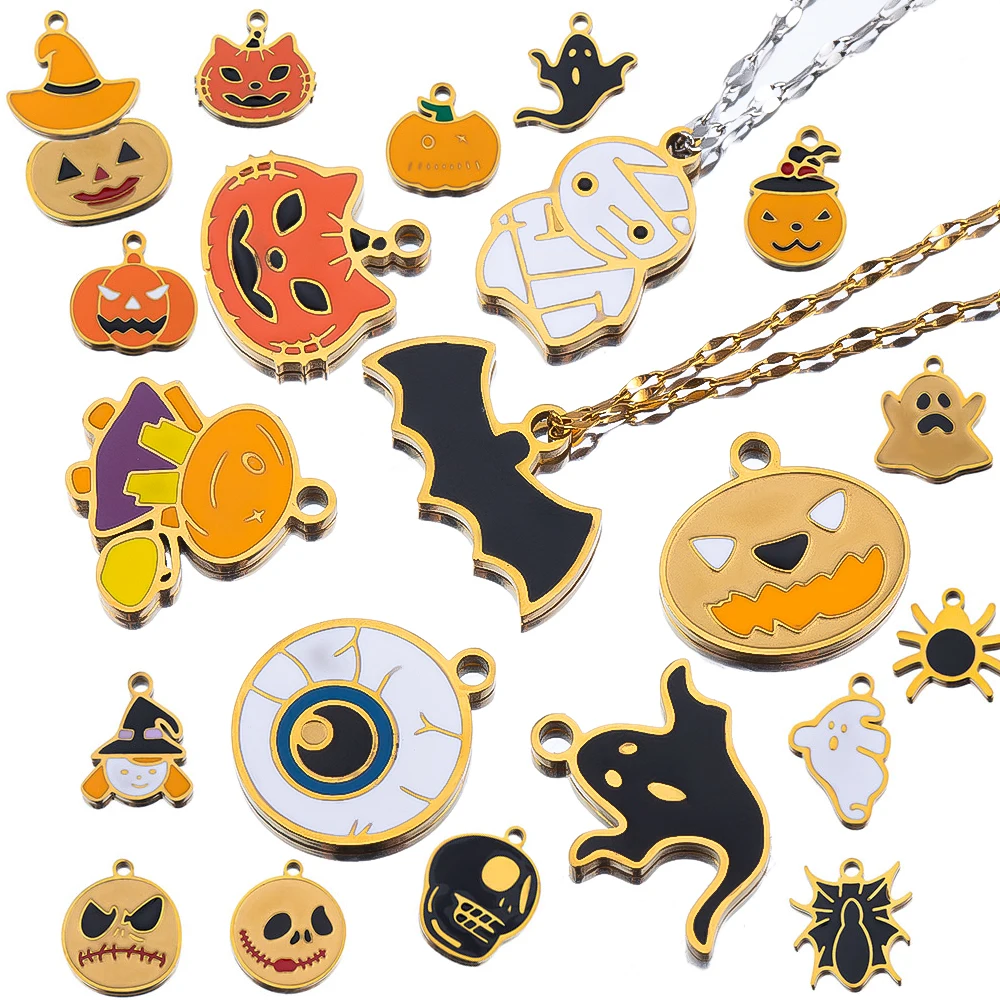 Halloween 3Pcs Stainless Steel Gothic Pumpkin Ghost Bat Enamel Charms Pendants For DIY Jewelry Making Handmade Supplies Crafts