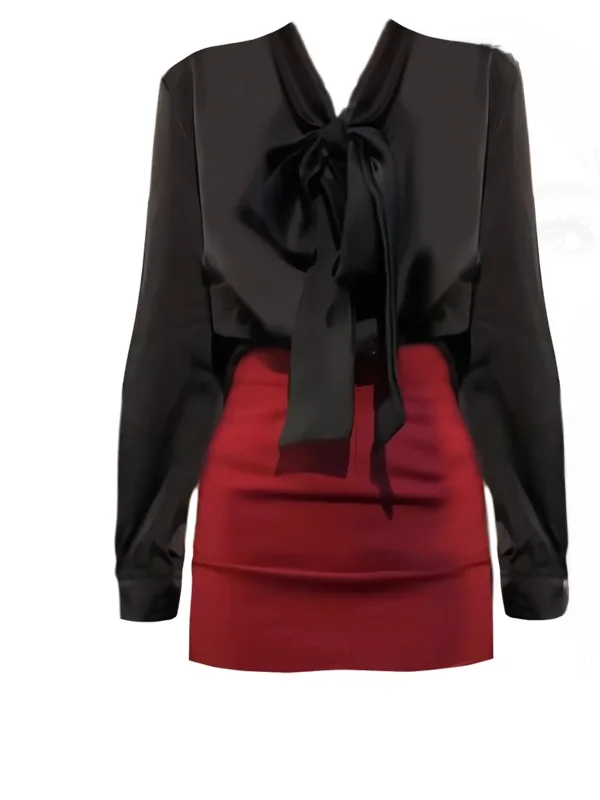 

Модный комплект больших размеров: топ с V-образным вырезом и завязками, утягивающий, и юбка А-силуэта. Женский, весенний сезон, французский стиль.