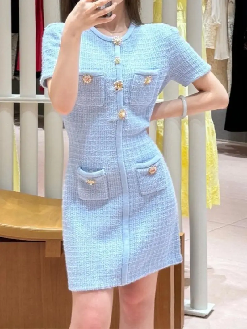 

Women Diamond Buttons Knit Dress Solid Color Short Sleeve O-Neck Holiday Summer 2024 Mini Robe