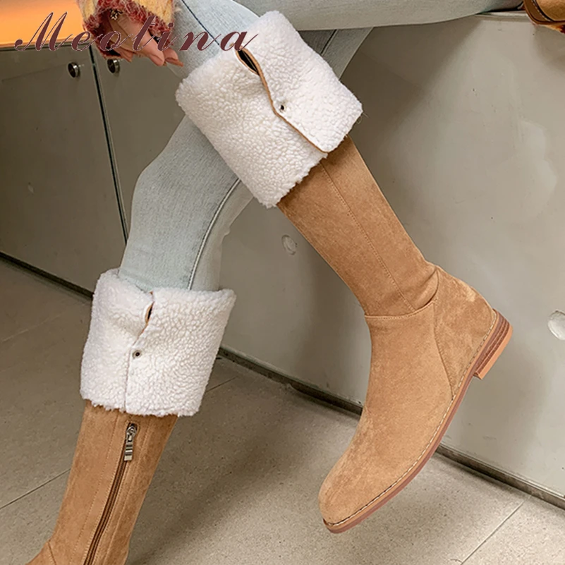 

Meotina Women Genuine Leather Over-the-Knee Boots Round Toe Flats Zipper Buckle Kid Suede Long Boots Ladies Fashion Shoes Winter