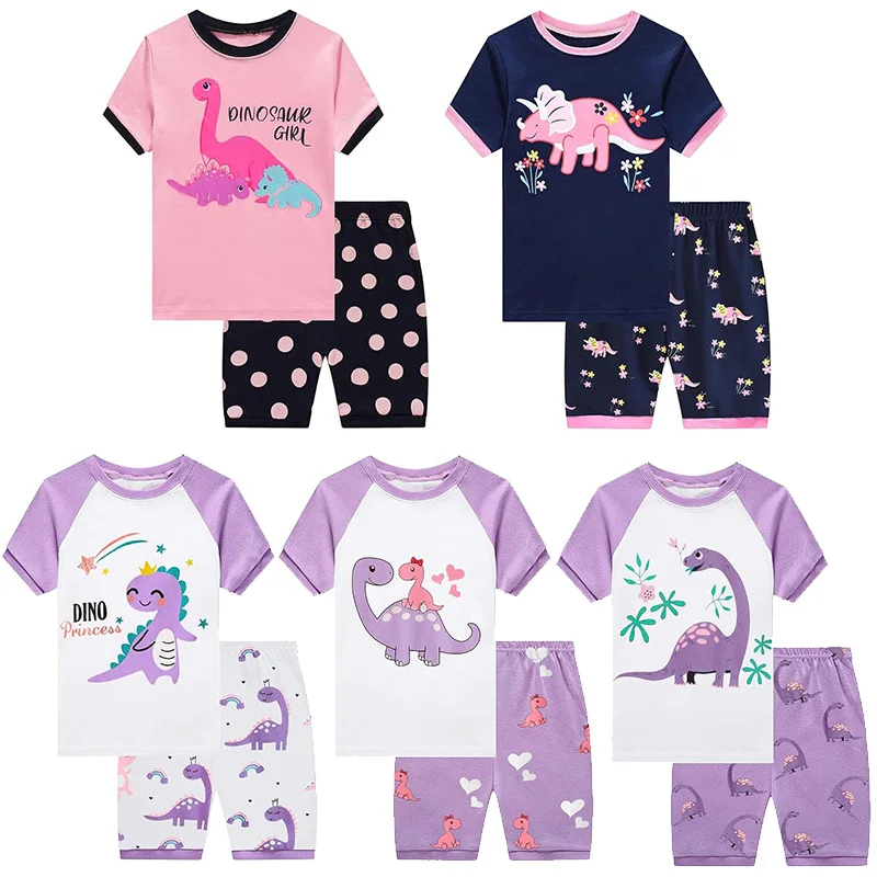 Little Hand Girls Summer Pajamas Toddler Short Sets Sleepwear Cute Dinosaur 2 Pcs Clothes 100% Cotton for 2-7 Years