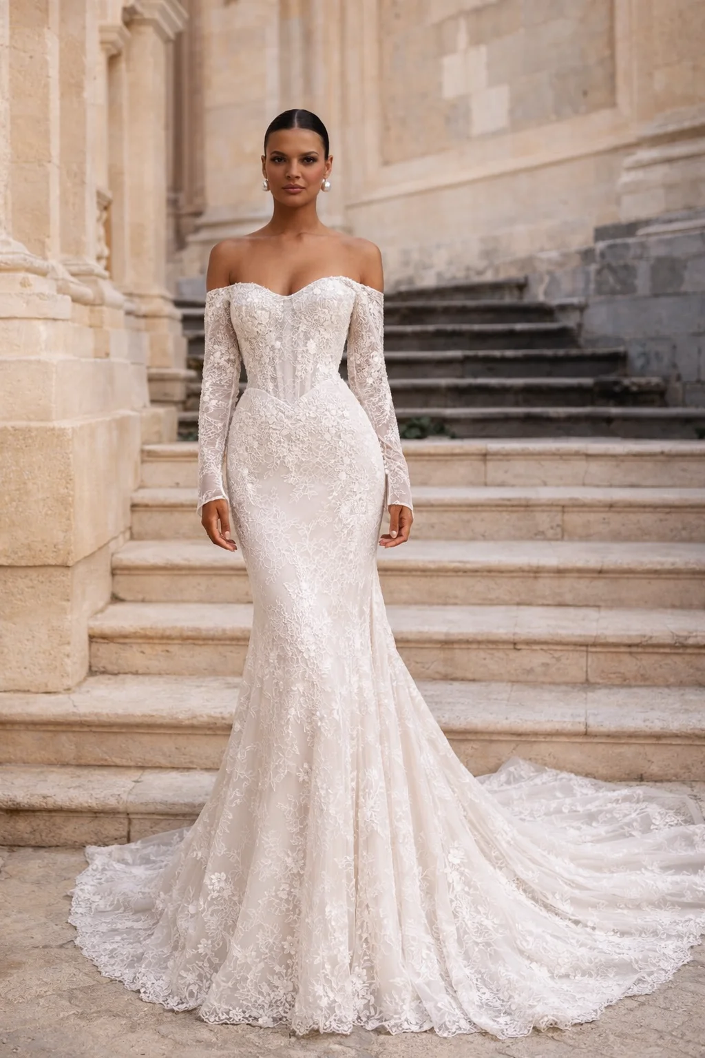

Sexy Off Shoulder Lace Wedding Dress Long Sleeve Mermaid Bridal Gown Elegant Slim Fit Wedding Dress with Train Vestido De Novia
