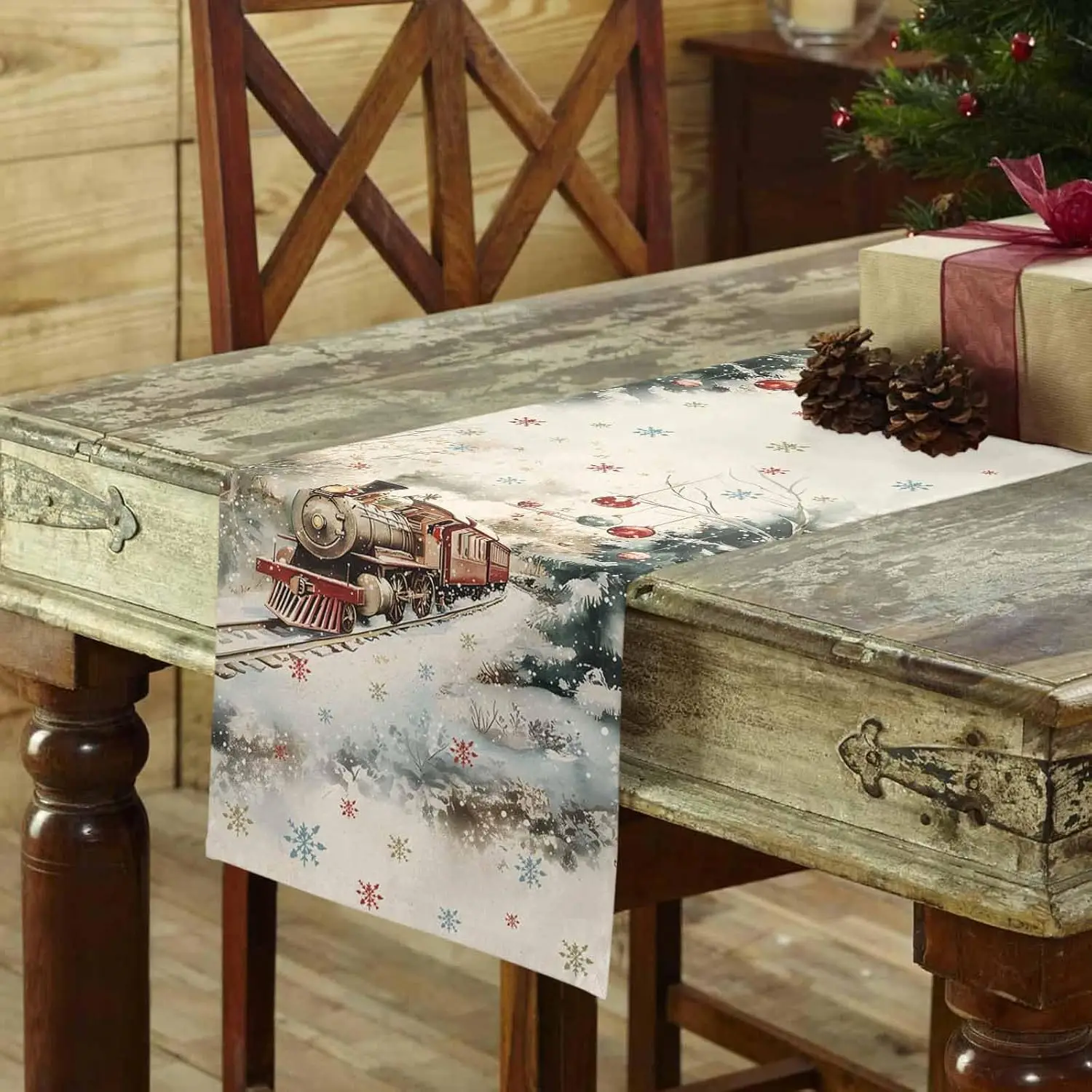 Christmas Ball Train Snowflake Linen Table Runner Holiday Party Decor Xmas Tree Kitchen Dining Table Runner Christmas Decoration