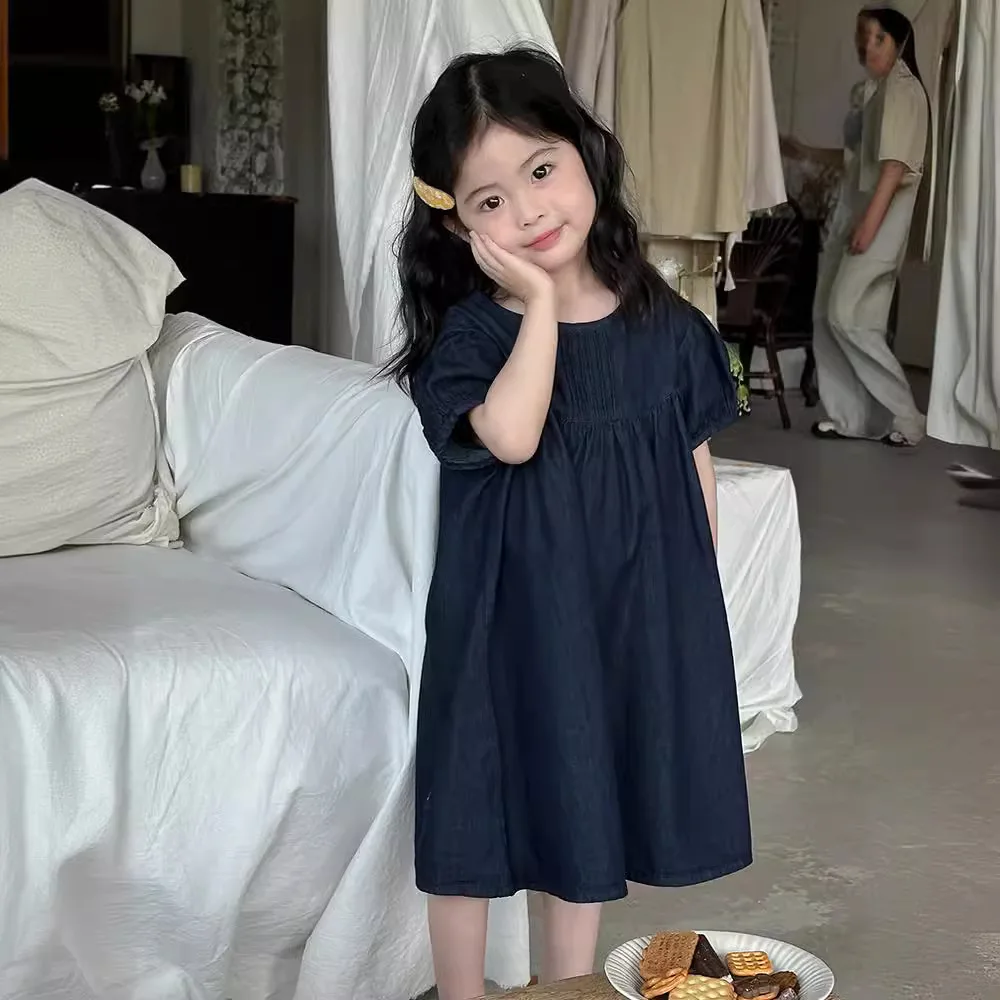 Children Dress Thin Denim Skirt 2024 Summer New Korean Style Baby Girls Old Money Style Short-sleeved Dress Fashion Skirts