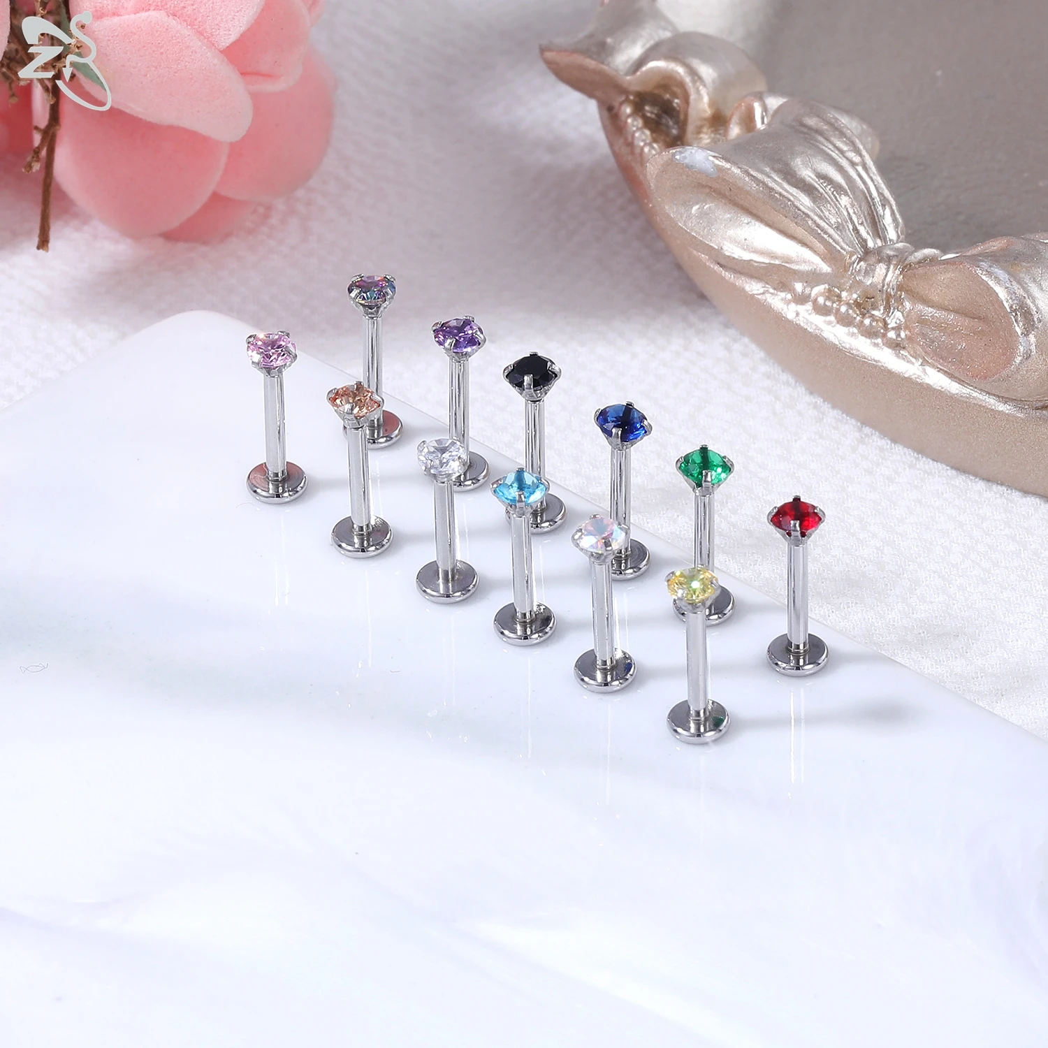 ZS 6 Pçs/lote 16G Plug-In Estilo Aço Inoxidável Labret Lip Piercing 2/3/4MM CZ Cristal Lip Stud Brinco Piercings Jóias 6/8/10MM