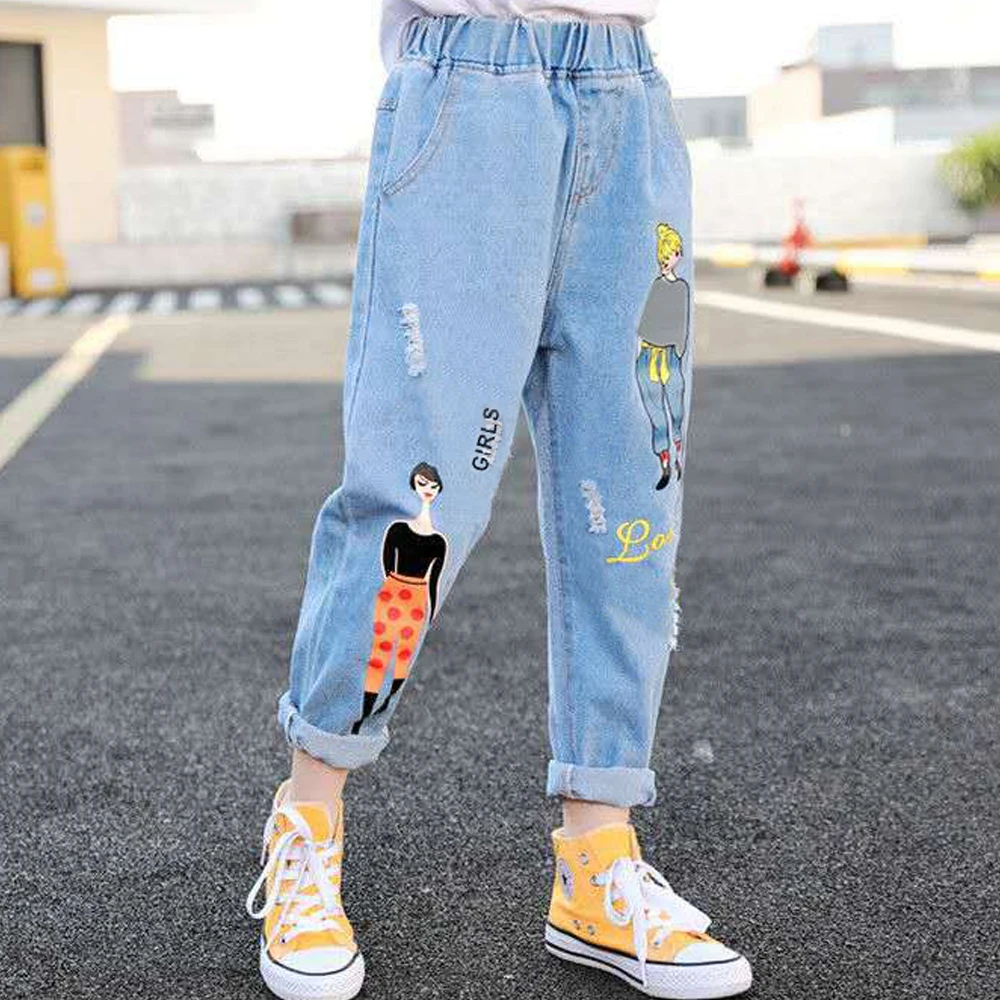IENENS Kids Girls Jeans Clothes Child Girl Elastic Waist Print Trousers Teen Denim Long Pants Clothing For 4-11 Years
