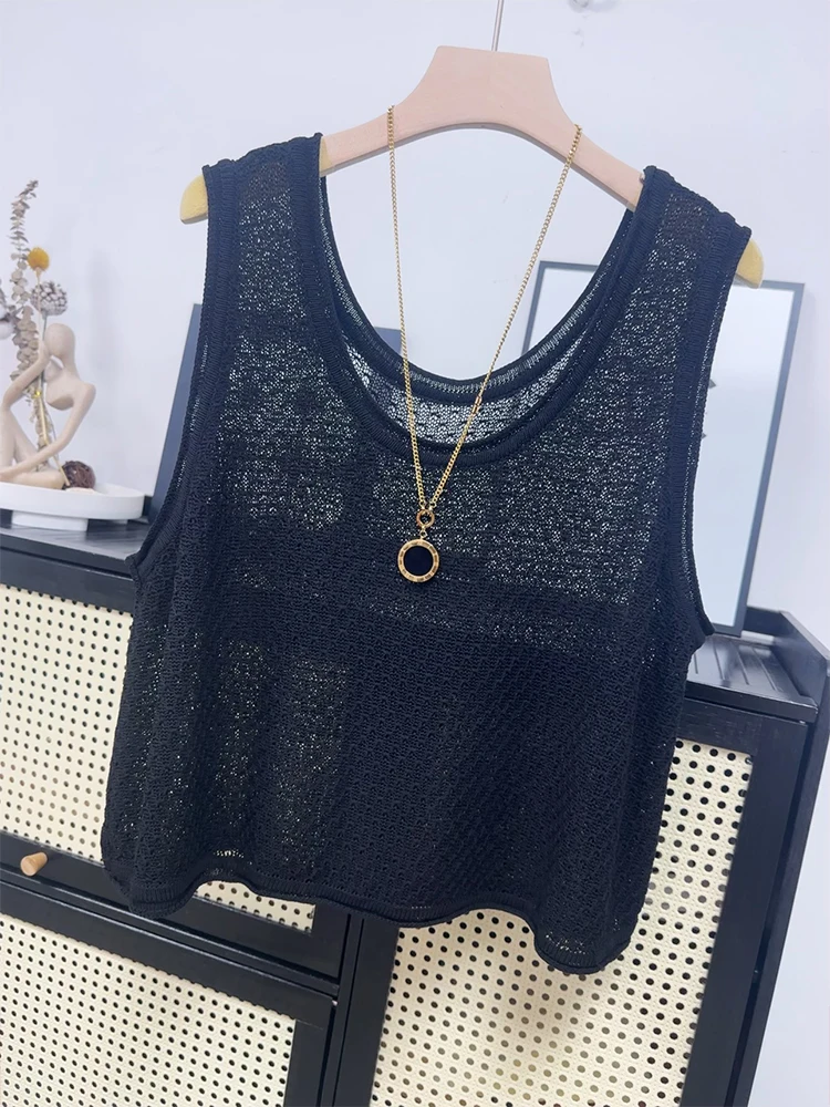 High quality new hollow short knitted vest for women's outerwear, summer thin loose ice silk top