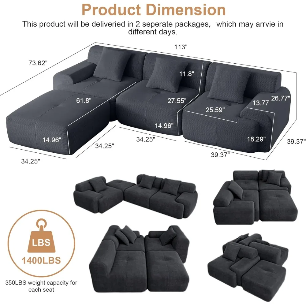 L-образный шезлонг, секционный диван с 4-местным сиденьем и подвижным пуфиком для удобного сидения в гостиной