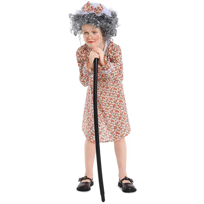 

Child Girls Old Woman Lady Costume for Girls Granny Grandma Cosplay Dress Wig Crutch Glasses Full Set Halloween Cosplay