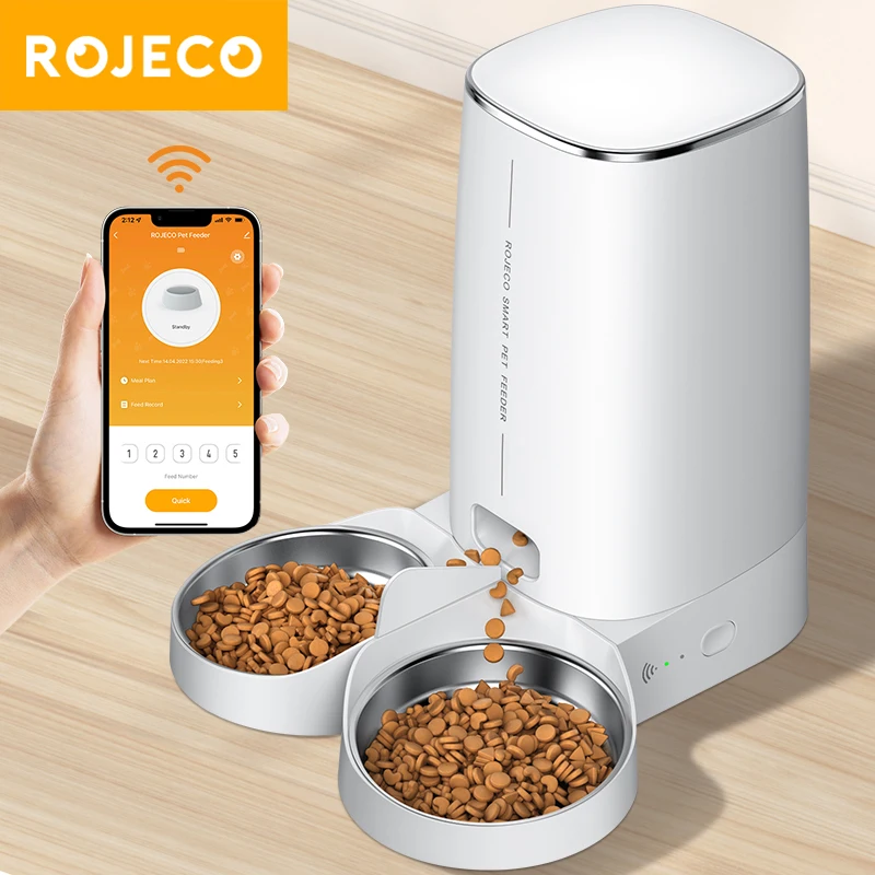 ROJECO Automatischer Katzenfutterautomat für Haustiere, intelligentes Katzenfutter, Kibble-Spender, Fernbedienung, WiFi-Taste, automatischer