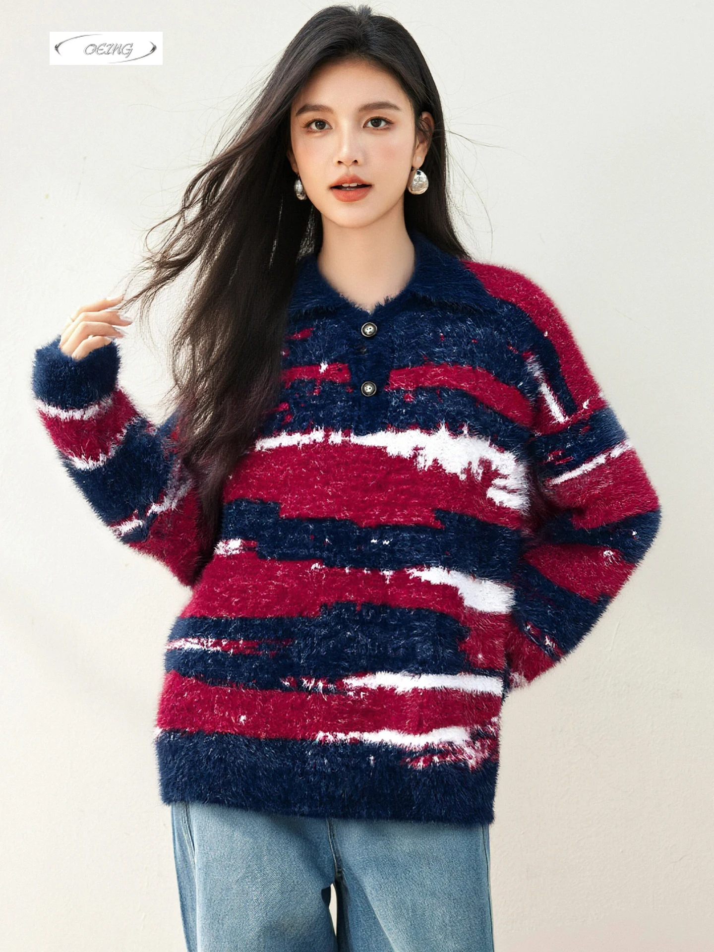 الأمريكية الرجعية المتناقضة اللون التلبيب سترة للنساء طويلة الأكمام فضفاضة محبوك القمم الخريف الشتاء الدافئة سميكة تريكو 9825 #1