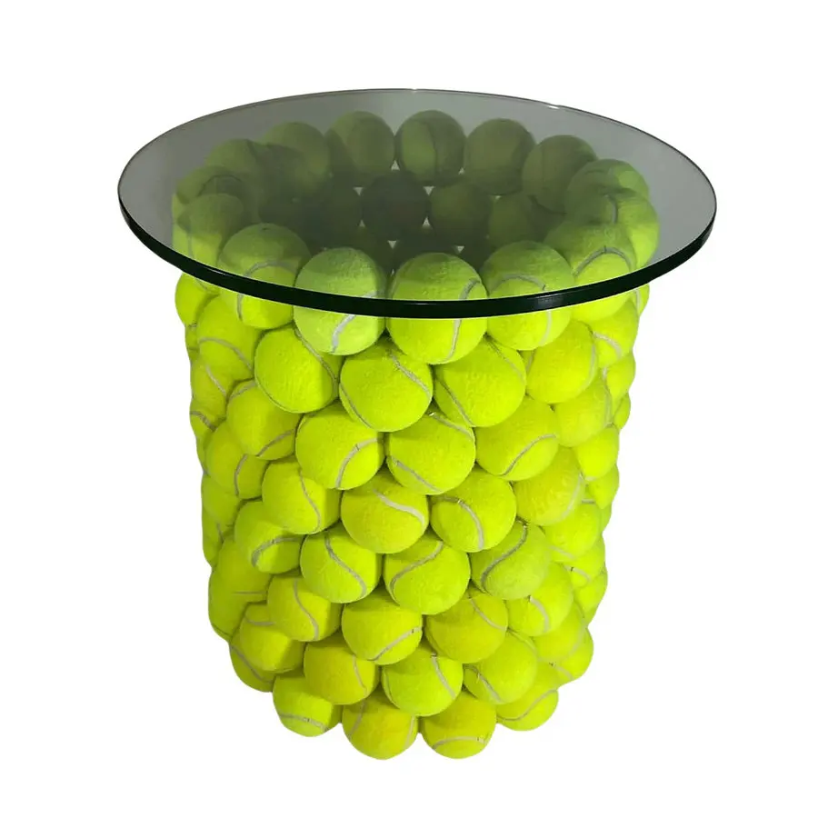 ✗X Modern Vintage Hotel Round Tempered Glass Coffee Tea Table with Tennis Ball Basement Rectangle End Table for Living Room&