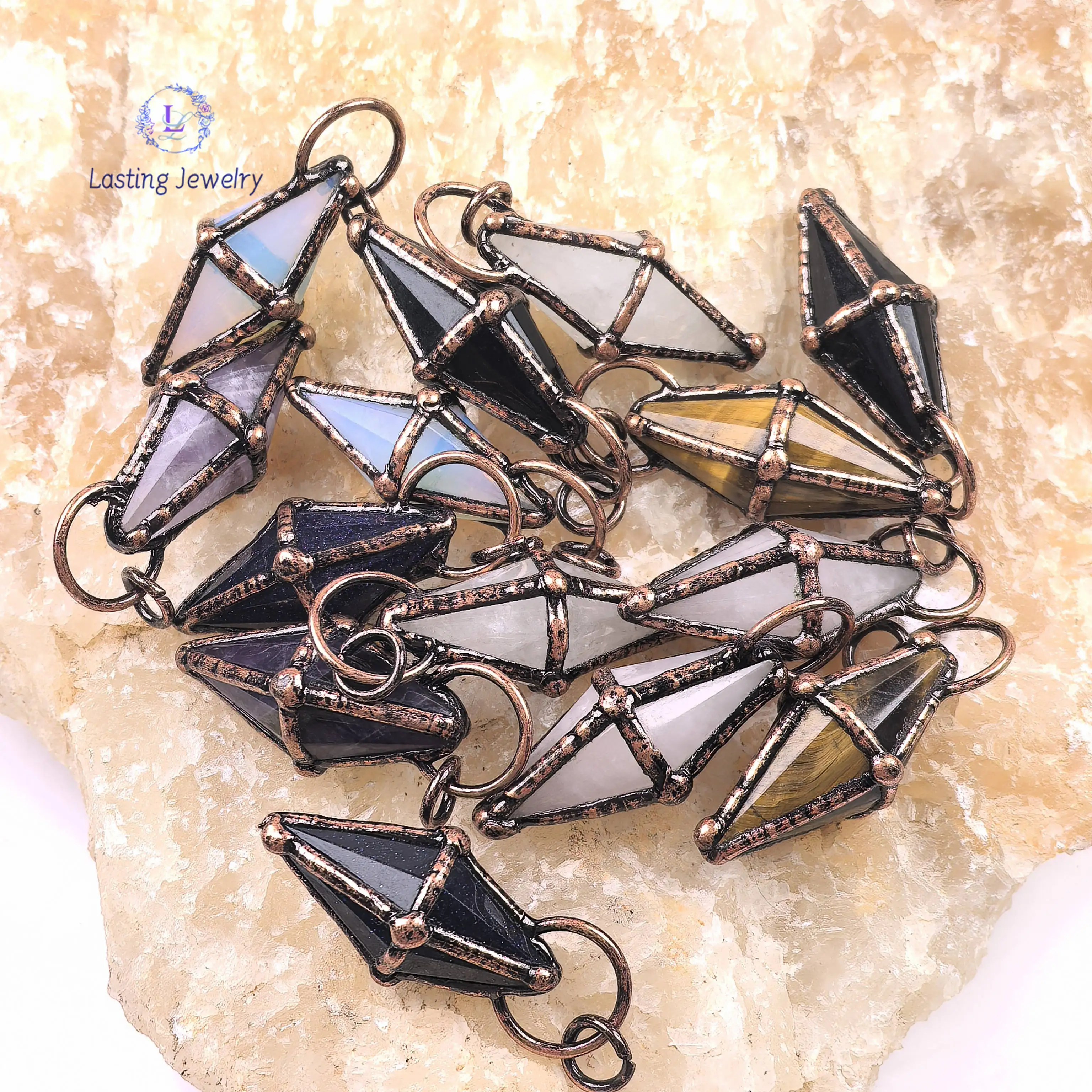 Soldered Bronze Cone Gemstone Pendants,Antique Copper Amethyst Obsidian Pendulum Pendules Vintage Crystal Necklace DIY Jewelry