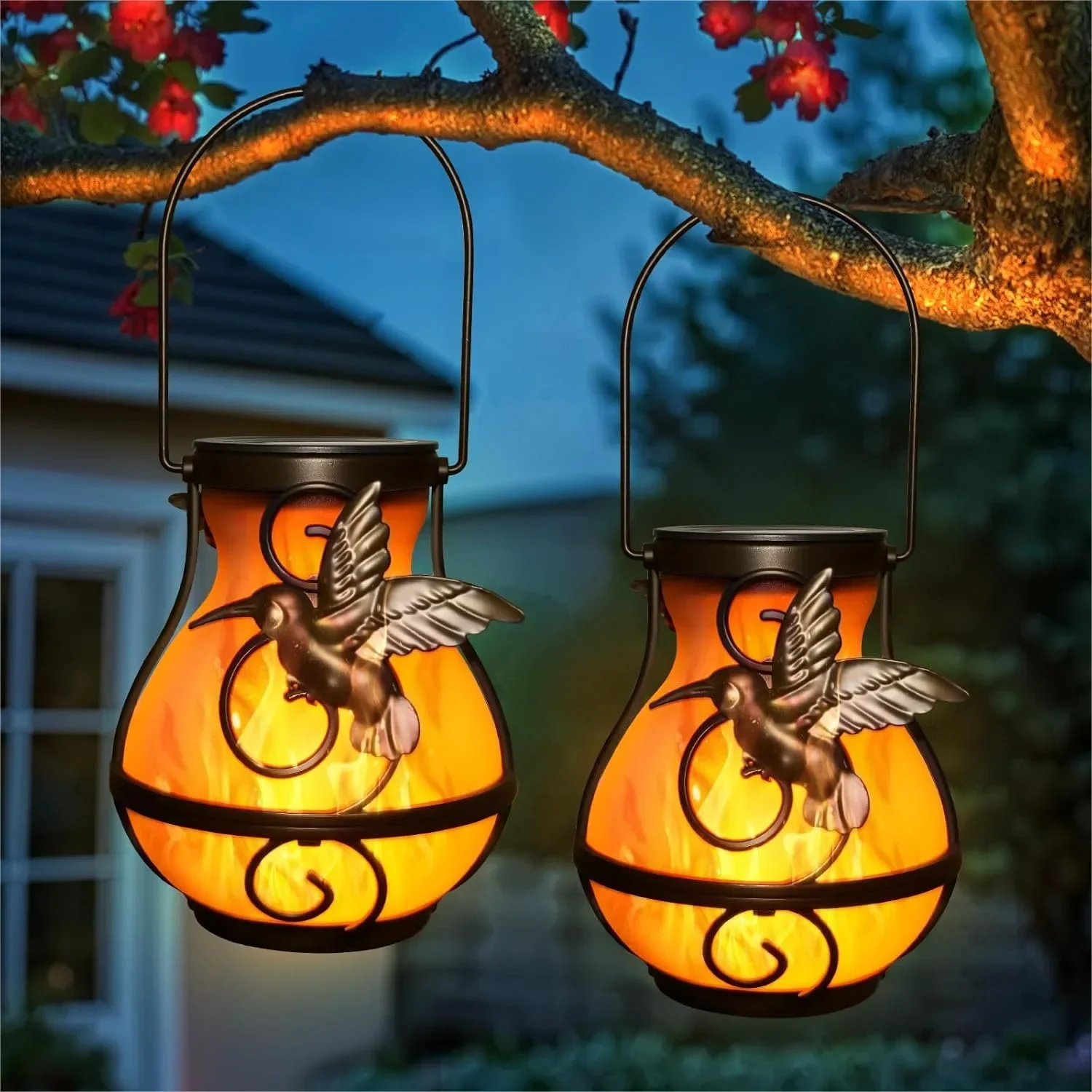 

Solar Lanterns Outdoor Waterproof Hummingbird Flickering Flame Lights Hanging for Garden Patio Porch Decoration