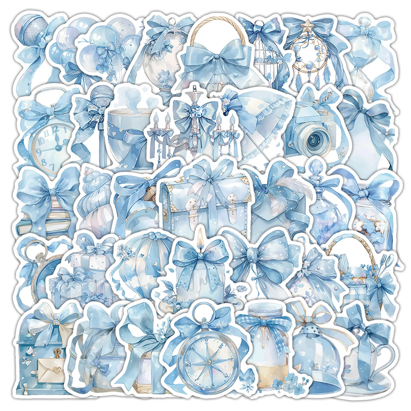 10/53PCS 블루 러브 스타일 스티커 그림 낙서 블루 보우 만화 장식 INS 데칼 DIY 노트북 기타 자동차 자전거 어린이 장난감 선물