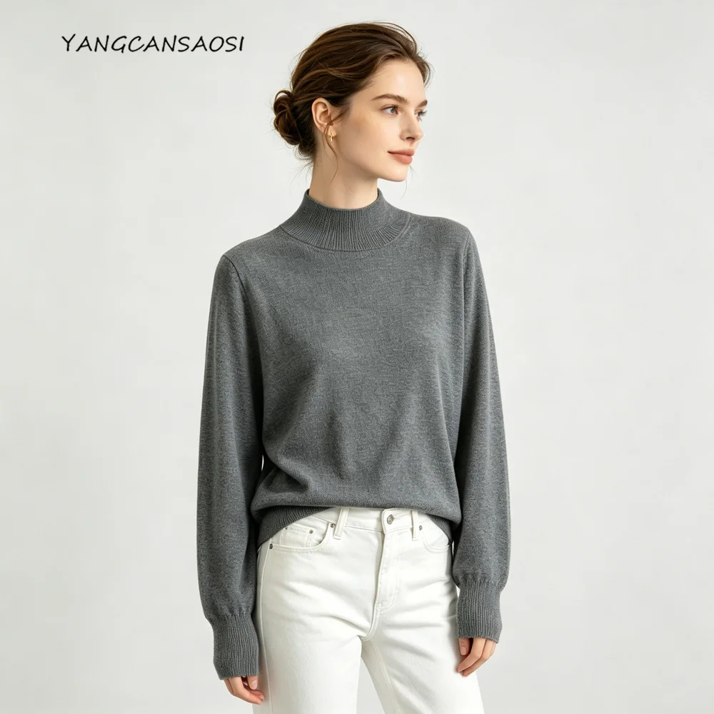 Women's Fashion Autumn/Winter New 85% Natural Mulberry Silk 15% Cashmere Blended Half High Collar Long Sleeve Knitted Sweater