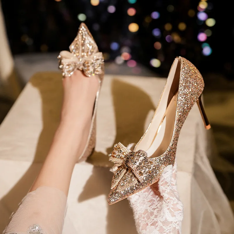 Comemore Bow Gold Silver High Heels Evening Dress Banquet Wedding Bridal Shoes 2024 Women\'s Pointed Luxury Sequins Rhinestone 43