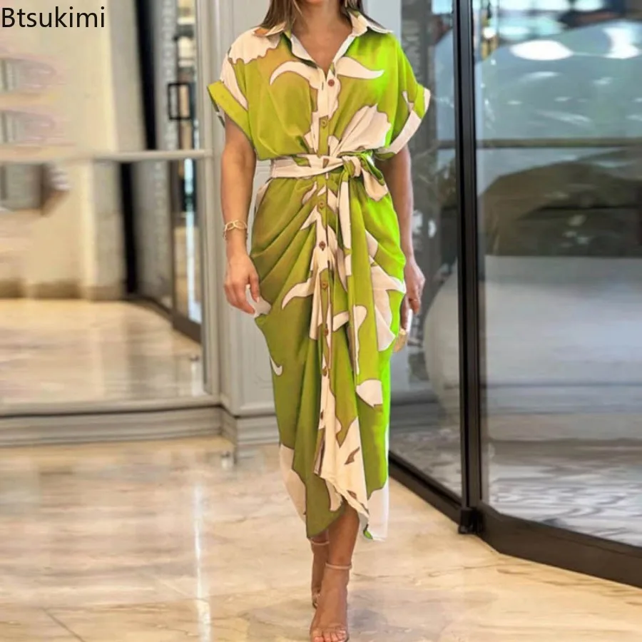 Neue Frauen Hohe Taille Hemd Kleid 2025, Sommer Klassische Feste Dünne Kurzarm Kleid Weibliche Modische Casual Büro Lange Skir