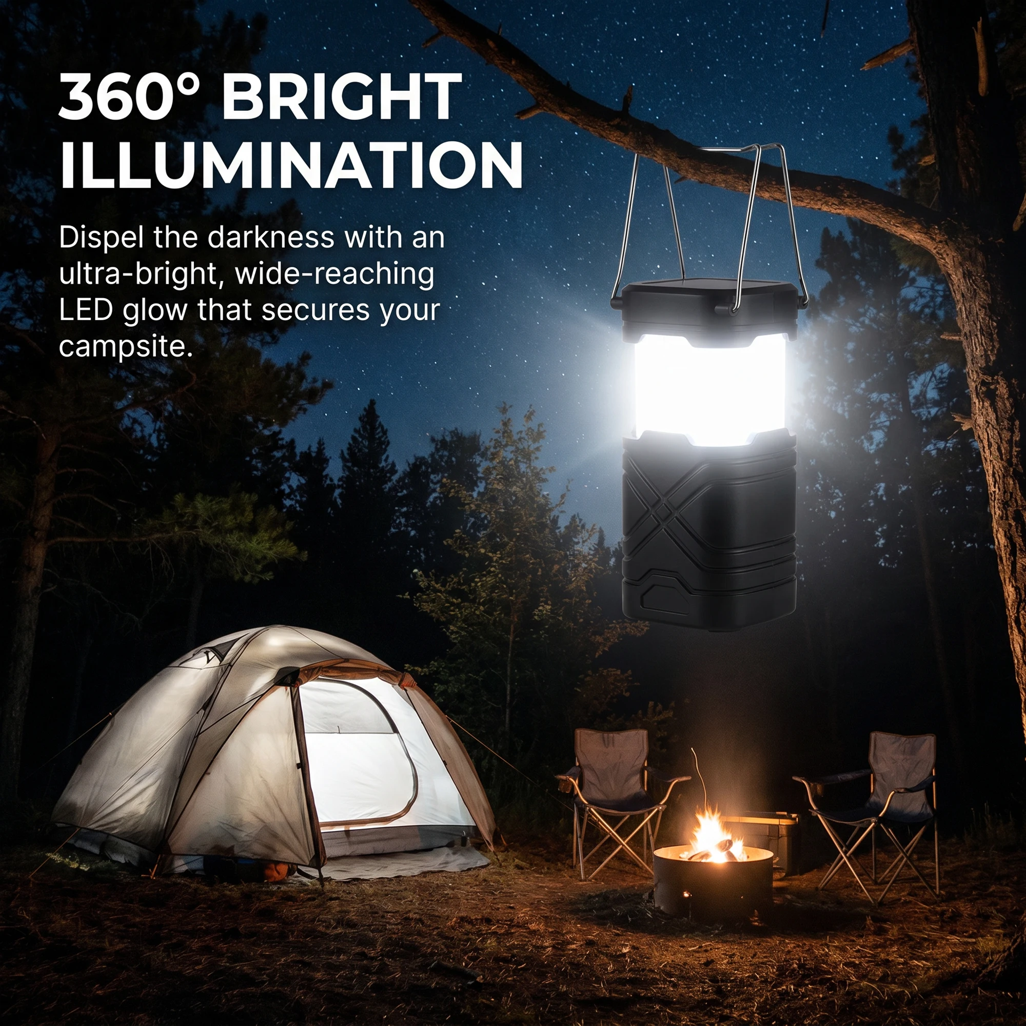 Collapsible Solar Camping Lantern, Pull-to-Expand Instant On, 360° Full Surround Lighting, Foldable Metal Handle, IPX Waterpoor