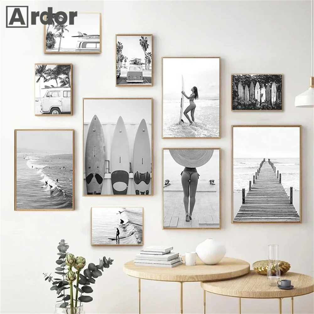 Black And White Print Surf Canvas Painting Sea Beach Nordic Posters Coastal Girl Surfboard Wall Art Picture Living Room Decor
