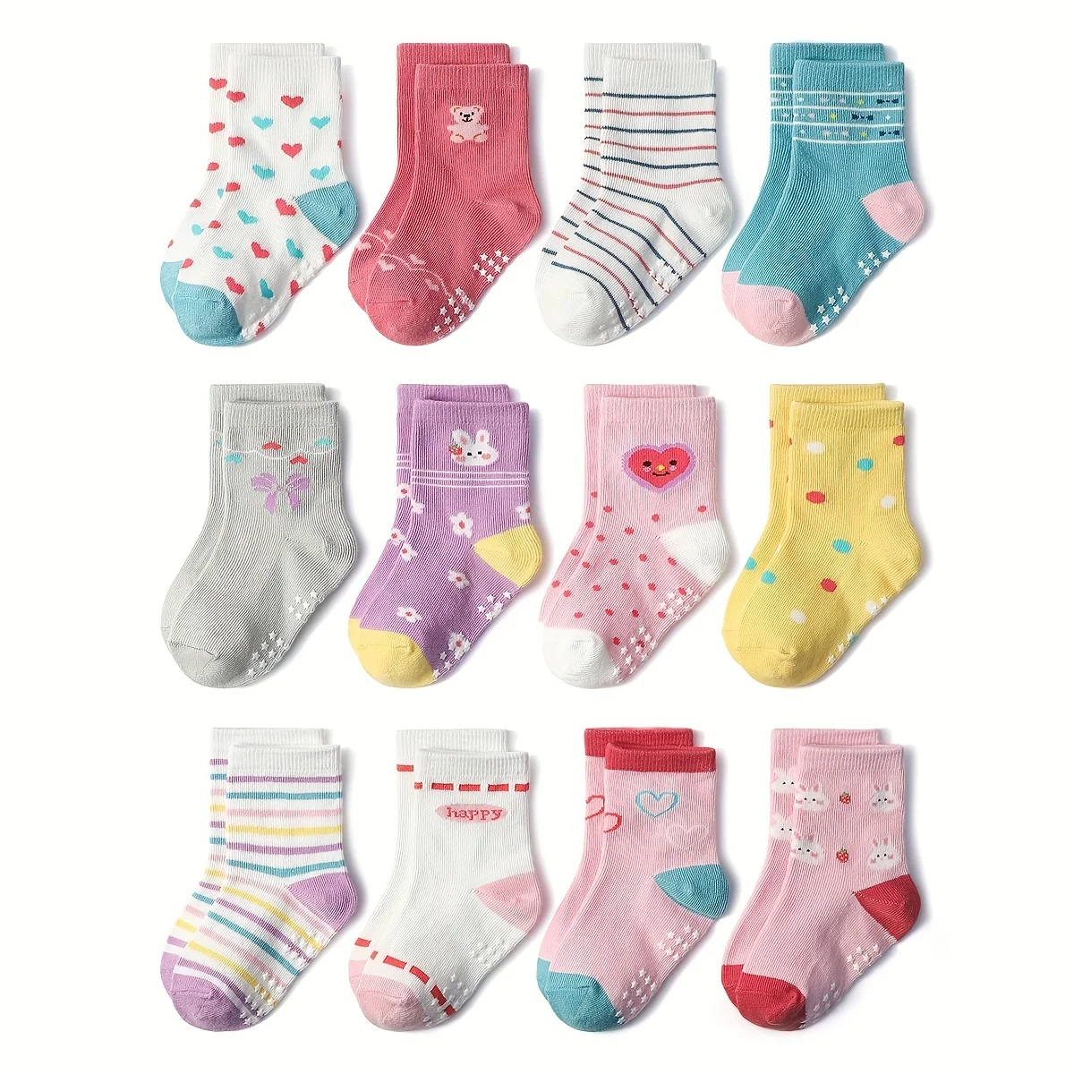 

12 pairs of boys and girls' anti slip socks with cute cartoon animal patterns, comfortable and breathable baby floor socks