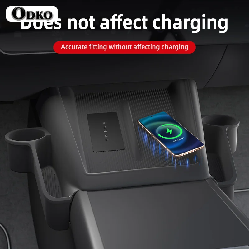 Suitable for Tesla model Y2025 wireless charging mobile phone pocket with water cup positions on both sides, anti-slip storage p view 5