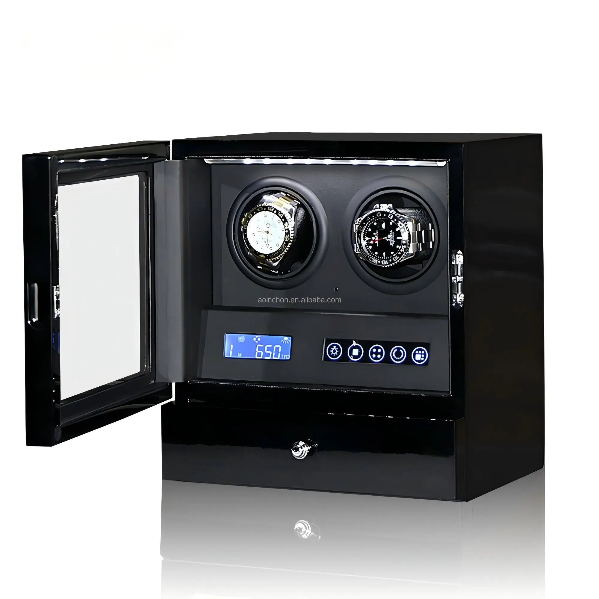 LCD Touch Screen Automatic Watch Winder Box LED Light Remote Control TPD Mode-2 2 Slots Black High Gloss Finish Model AWD-D-B2
