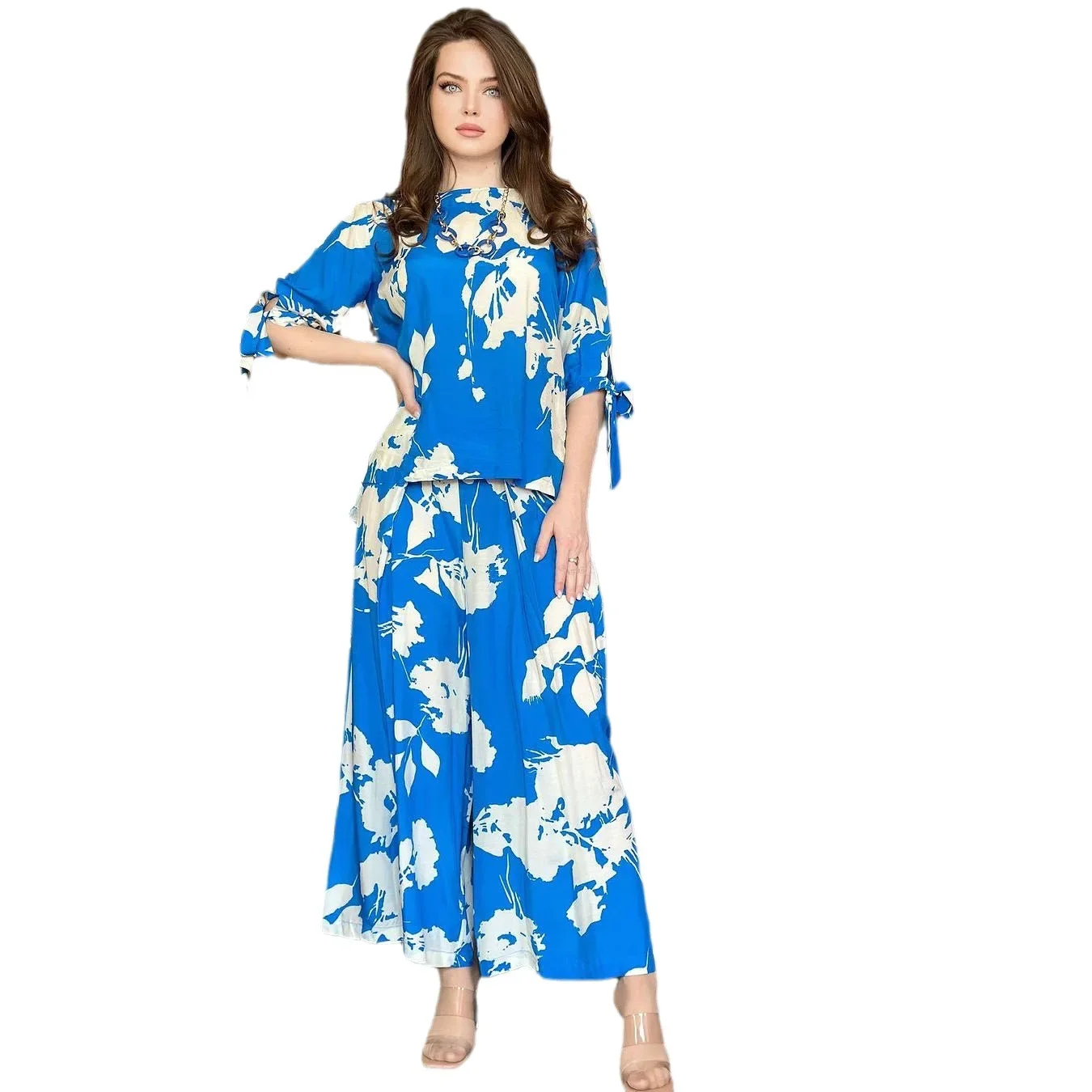 Women Musulman Ensemble Two Pieces Flowers Tops Islam Kaftan Arab Wide Leg Pants Casual Ramadan Eid Muslim Sets Jalabiya