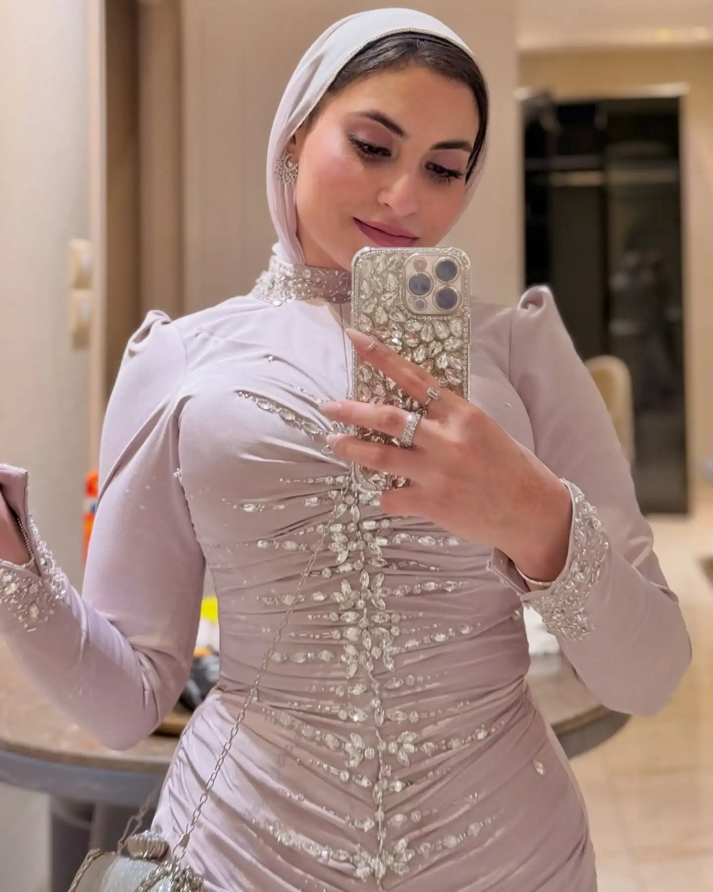 Customized Elegant Crystal Embellishment Hijab Evening Dress Sequin Mermaid Muslim Formal Gown Fitted Long Abendkleid