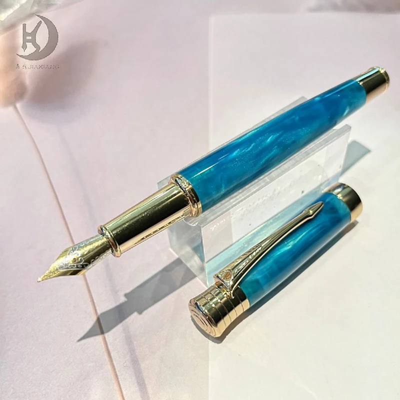 

JD 988 Fountain Pen Blue Acrylic Resin /metal Iridium 0.38mm Real Gold Trim with ink Sacsplated Smooth Writer Collection gift