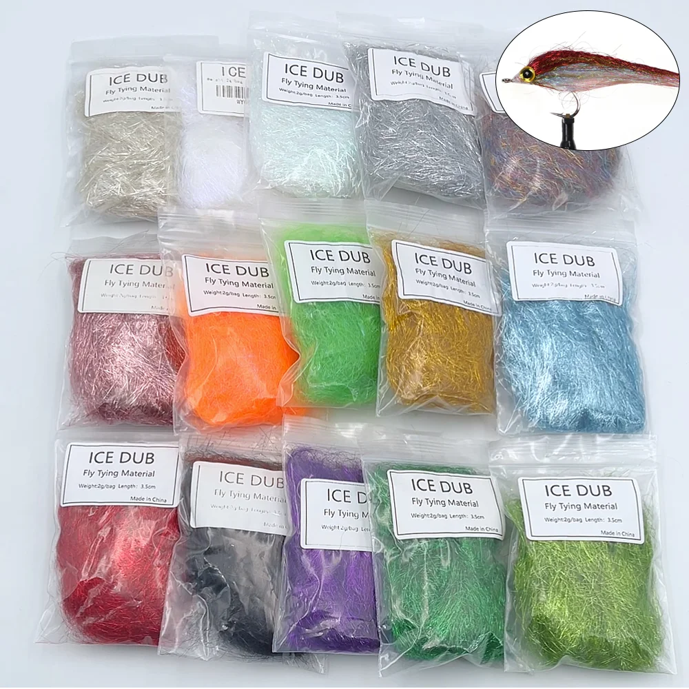 2 bolsas de 3.5cm de material de fibra Ice Dubbing para atado de moscas, para Scud, Nymphs, Minnow, Streamer, con efecto de ala de hielo, fibra brillante y material para añadir brillo al torso