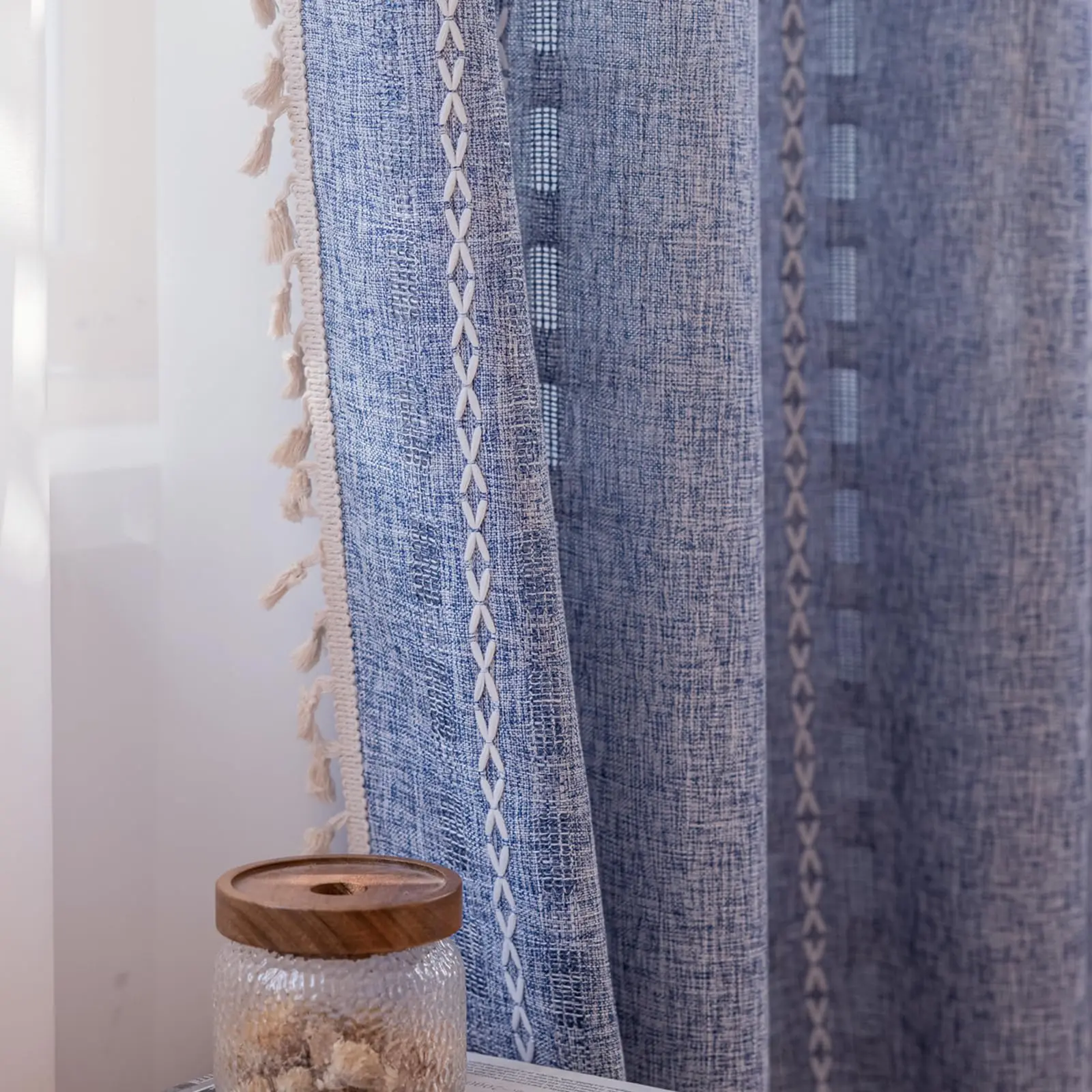

Boho Curtain for Bedroom Dining Room, Western French Bohemian Sheer Stripe Embroidery Privacy Window Tassel Cottagecore,1 Panel